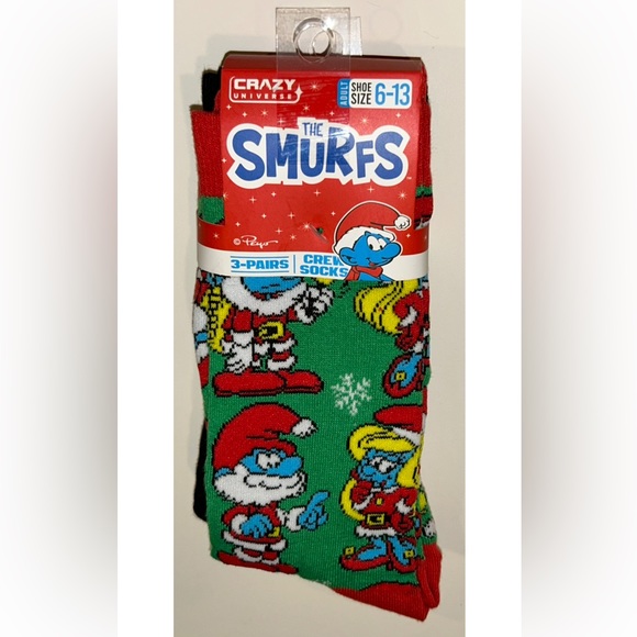 The Smurfs Crew Socks 3 Pair Men 6-13 Green Red Christmas Holiday Papa Smurfette - Picture 11 of 11
